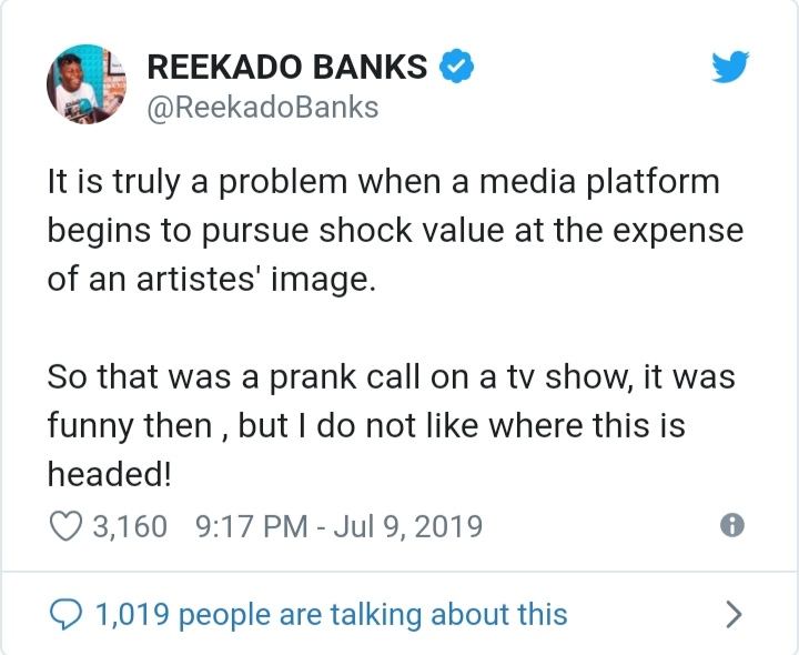 Reekado Banks tweet screenshot
