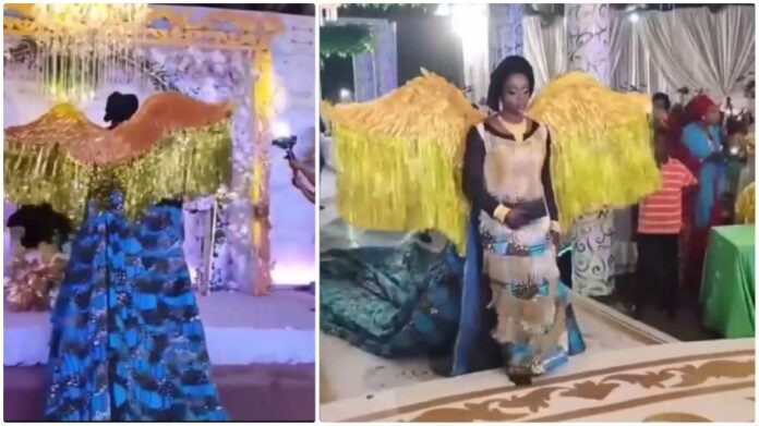 African print-wearing bride's angelic entrance