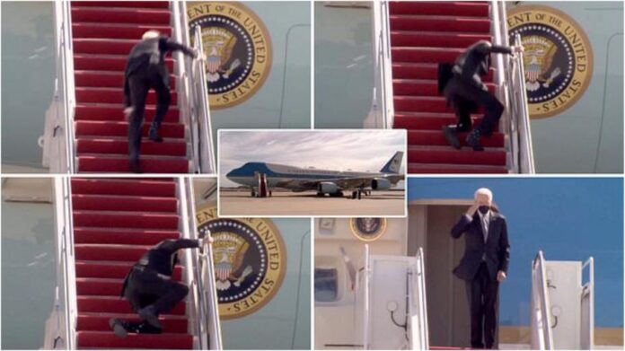 US President Joe Biden falls three times boarding Air Force One