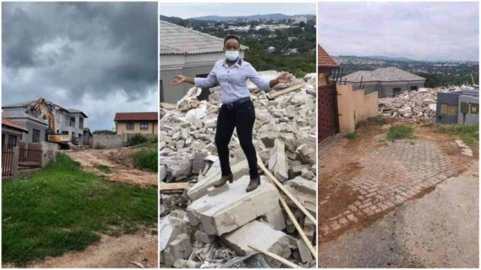 Lady whose boyfriend demolished the house he built for her after dumping him poses on the debris