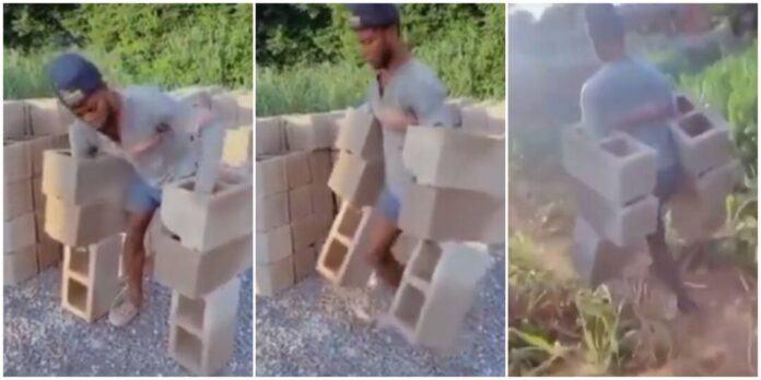 Man shows great strength as he carries 6 bricks at once