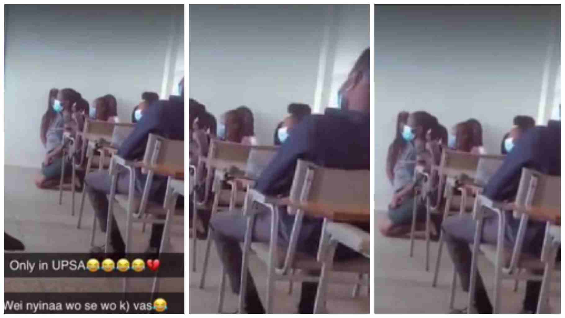 Ghanaian university students kneeling inside lecture hall