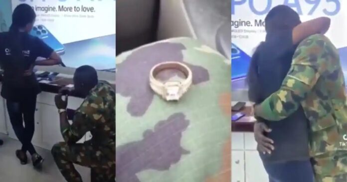 soldier goes down on his knees to propose to his girlfriend