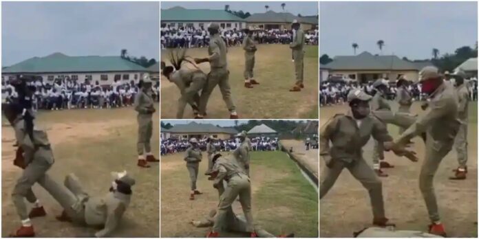 female corps members showing amazing fighting skills as they combat and defeat male counterparts