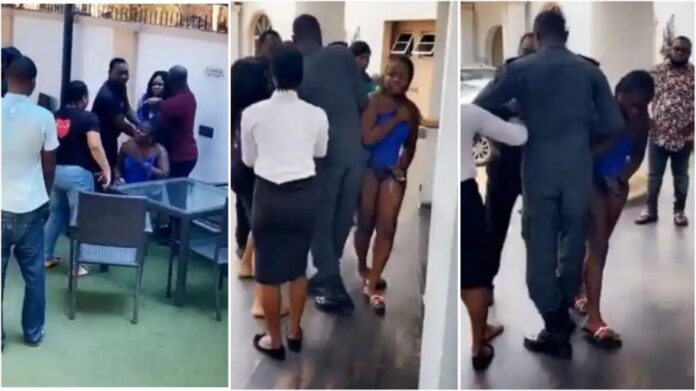 Angry wife disciplines husband’s side chick after catching them in a hotel