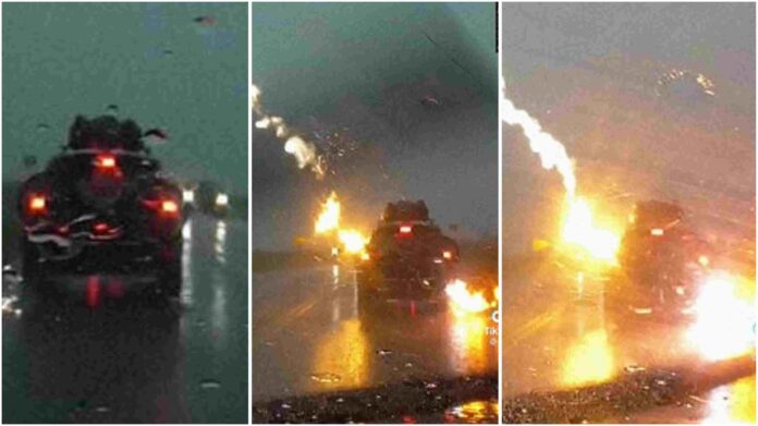 car suddenly struck by lightning while on a highway