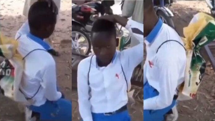 student is being mocked by his teachers because he used rice sack as school bag