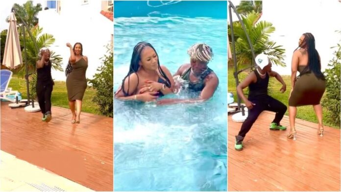 Hajia4Real ’s b00bs pops out as she falls into a pool with Dancegodloyd