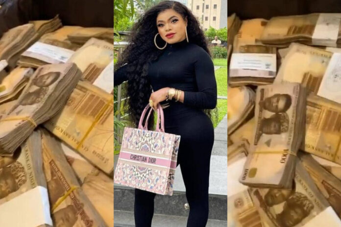I am the boss of all bitches - Bobrisky brags as he shows off a bag filled with money [Watch]