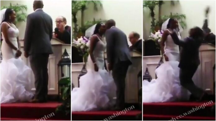 video shows the groom falling under anointing just after kissing the bride