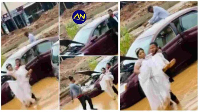 Moment couple’s car broke down on muddy road on Wedding day, clothes messed up [Watch]
