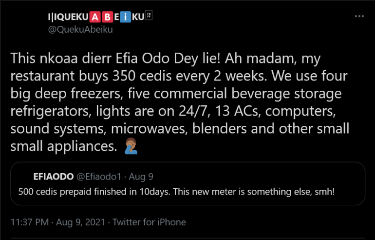 Efia Odo dey lie!”, Twitter user exposes Efia Odo for claiming she buys 500Ghc of electricity credits every 10days