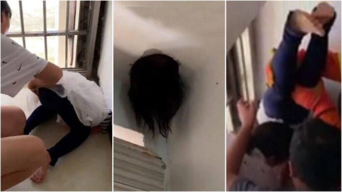 girl gets head stuck in ceiling after she suffered a freak accident