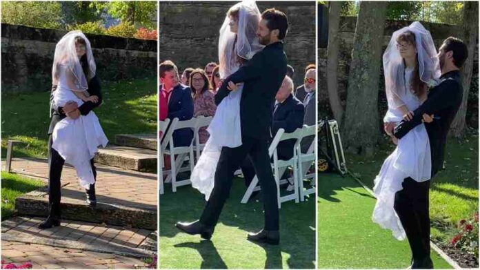 Groom carries bride’s twin sister with a disability