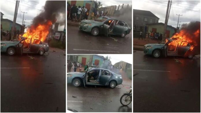Angry residents set car ablaze as driver crushes two to death, injures four others