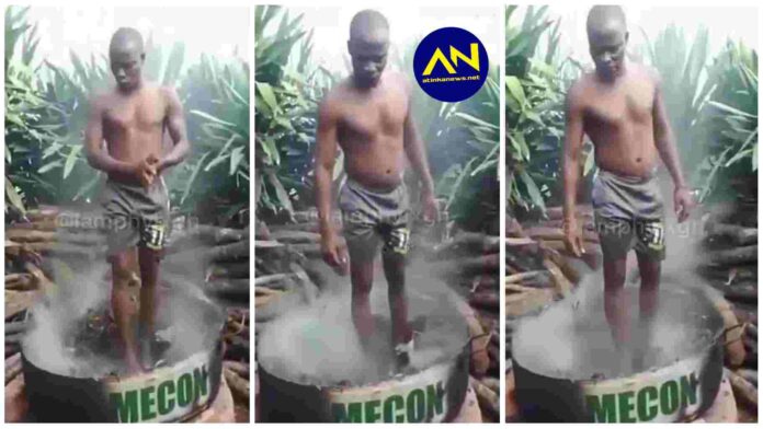 Man from Volta Region proves his powers by boiling himself in water placed on giant fire