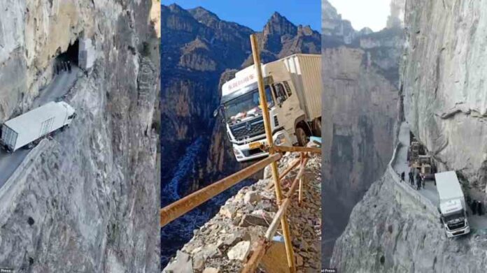 truck hangs over the edge of 330ft cliff