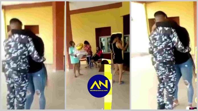 Policeman in uniform proposes to his girlfriend at her hostel