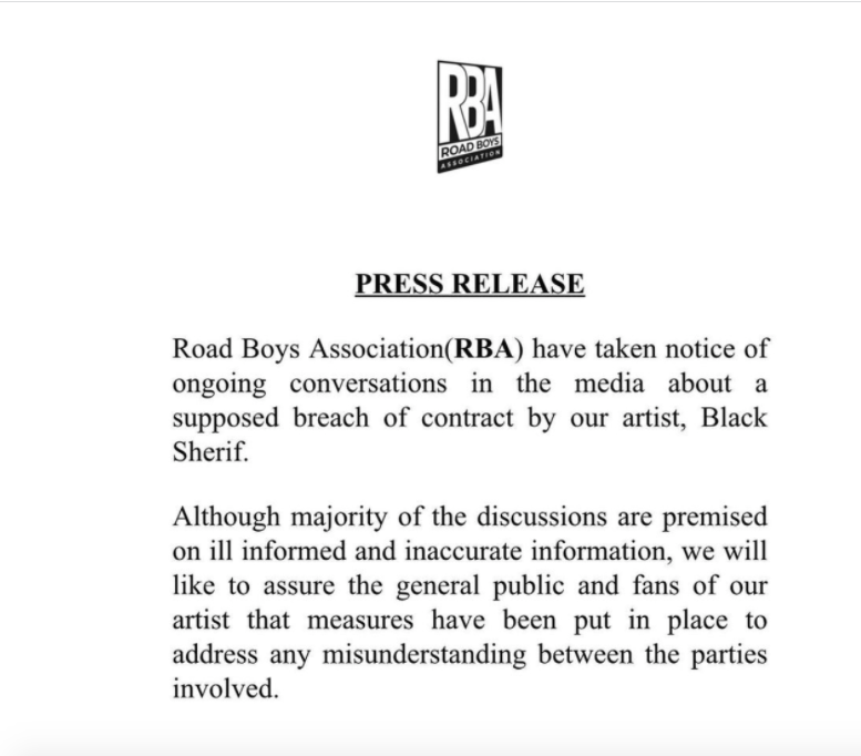 Black Sherif releases an official statement 
