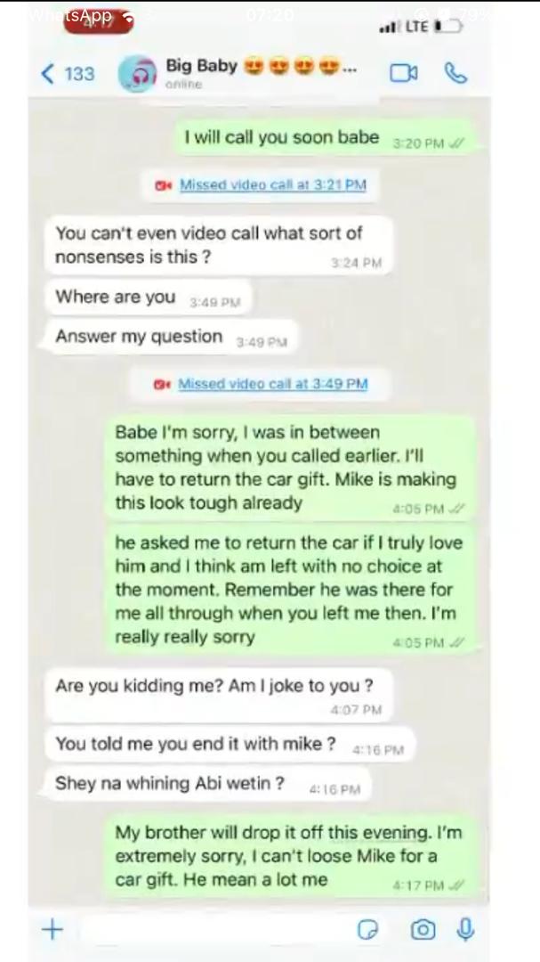 Lady returns car gift from ex over issues with current boyfriend