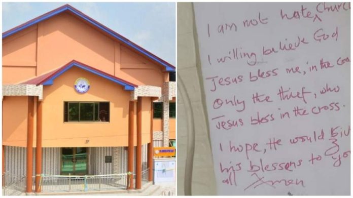 Thief leaves note after stealing from a Pentecost Church at Bogoso