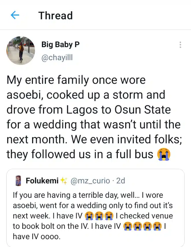 Family arrives venue on wrong date with Asoebi and big bus