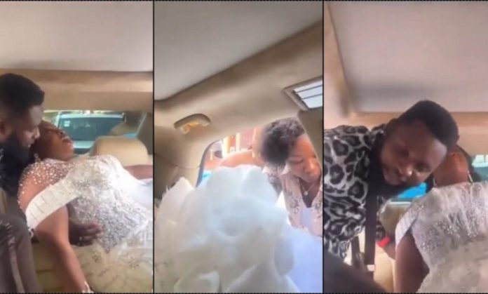 wedding gown hinders bride from entering car
