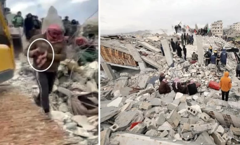 Pregnant woman gives birth in earthquake rubble in Syria.